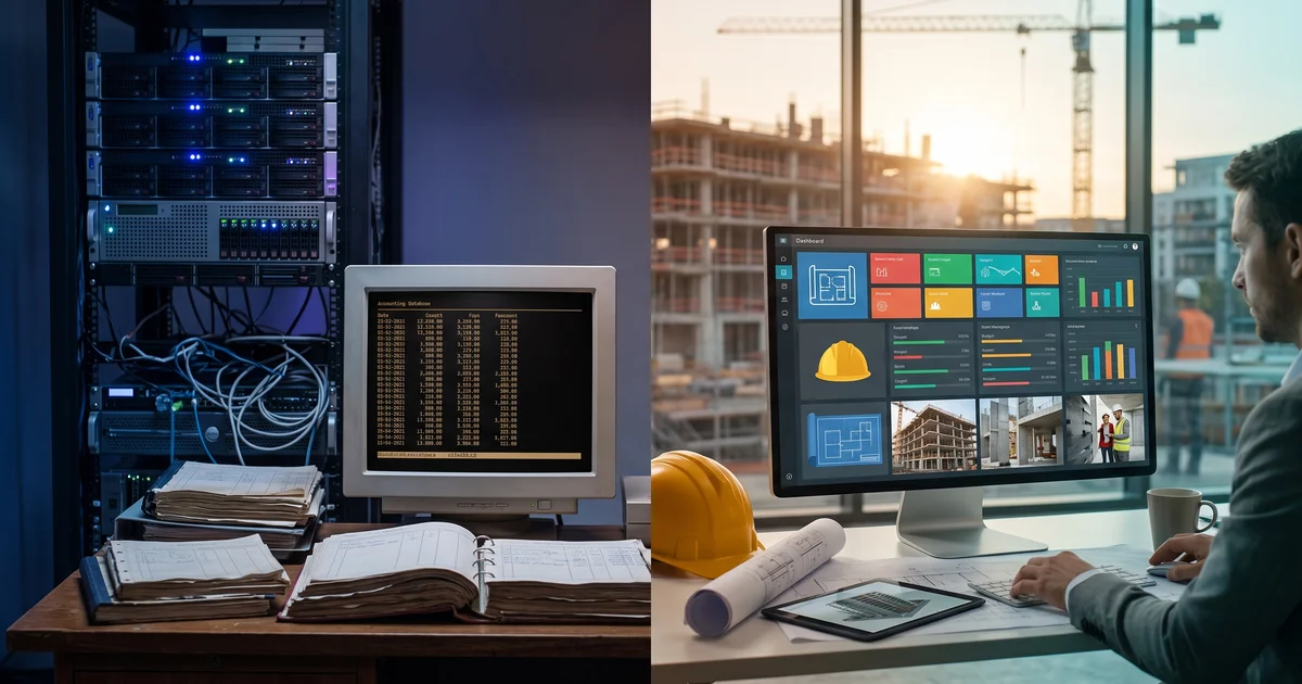 Split-screen composition showing a dim on-premise server stack with Sage-style ledger on the left and a bright cloud-modern Acumatica dashboard with construction project icons floating on the right