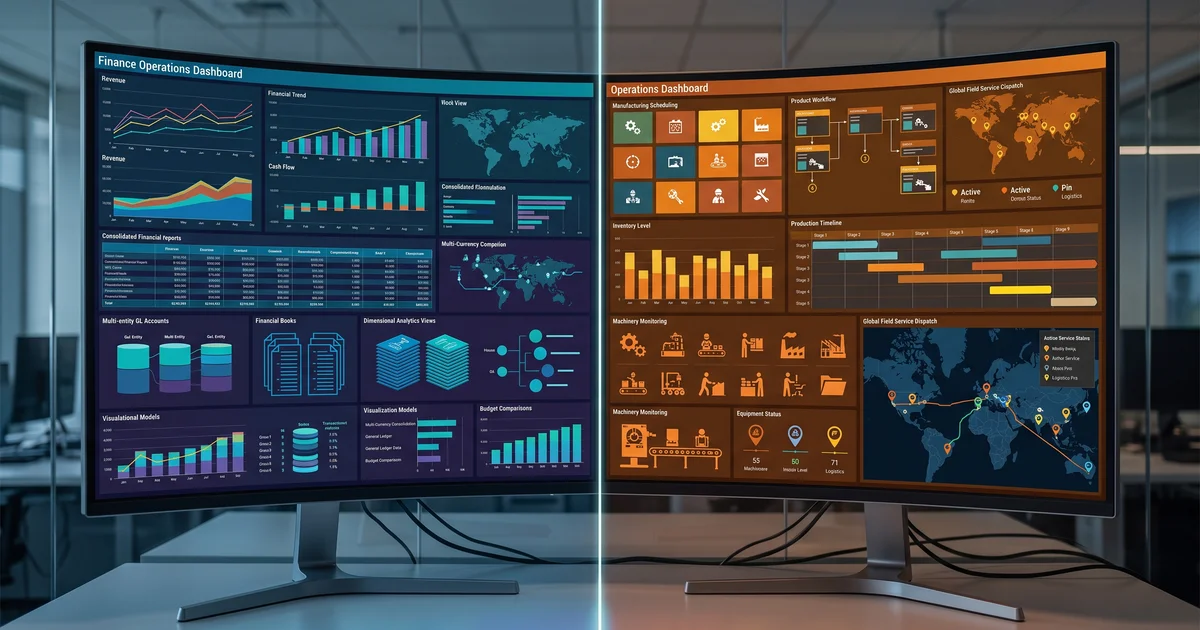 Split-screen composition showing a cool blue-teal finance dashboard on the left with charts and multi-entity consolidations, and a warm amber-orange operations dashboard on the right with production schedules, inventory, and field service icons