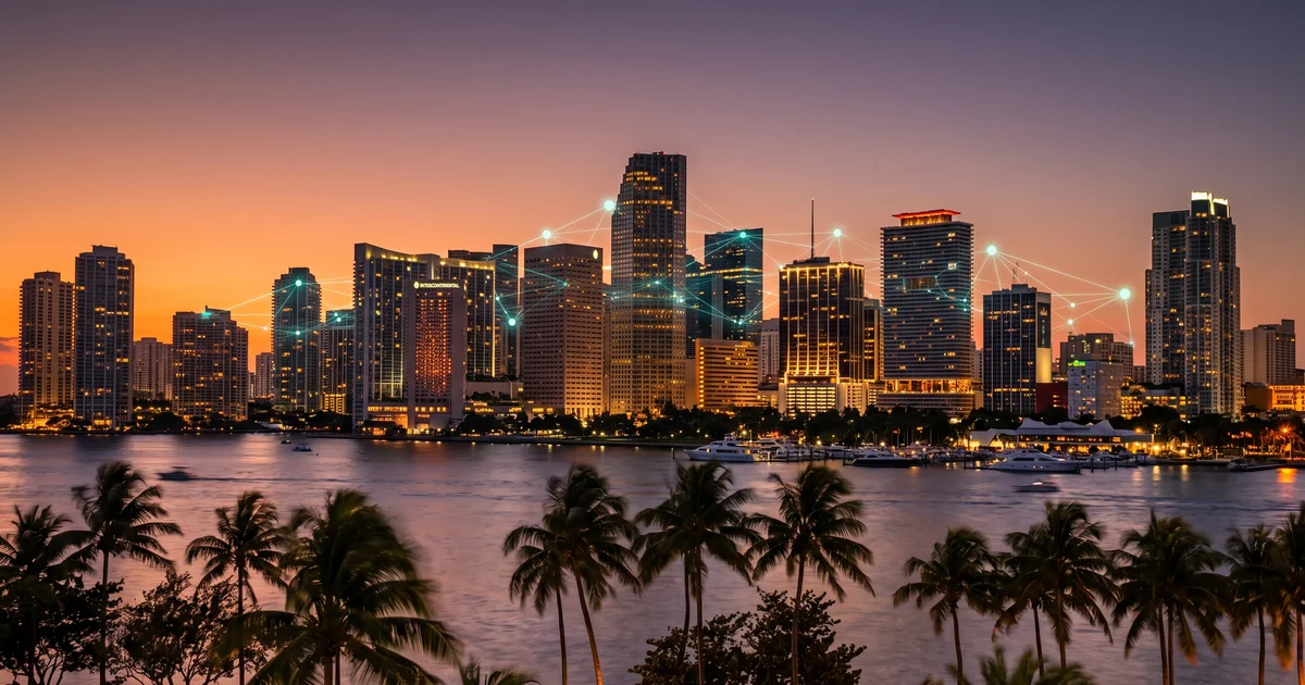 Miami skyline at dusk with warm coral and amber lights, overlaid with a translucent AI network graph flowing across the buildings, palm tree silhouettes in the foreground and cool teal accents on the AI overlay contrasting with the warm sunset city