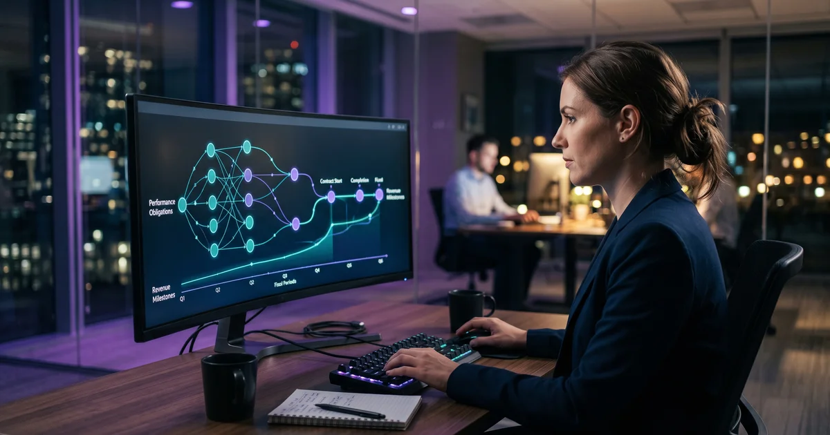 A finance dashboard showing revenue recognition schedules unfolding across contract milestones, with performance obligations mapped as connected nodes