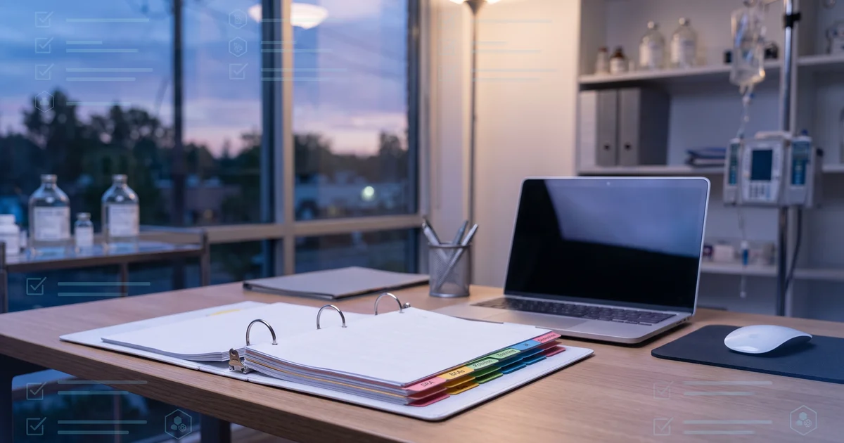 Sterile clinical workstation at dusk with an open HIPAA compliance binder showing tabbed sections for SRA, BAAs, Policies, Training, IR, and Encryption, with a subtle checklist-style graphic overlay