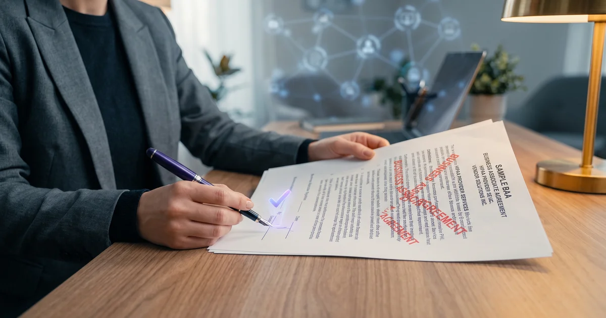 Legal contract labeled Business Associate Agreement being reviewed at a desk, with a digital verification checkmark hovering over the signature area and a subtle network of connected vendor icons in the background representing subcontractor flow-down