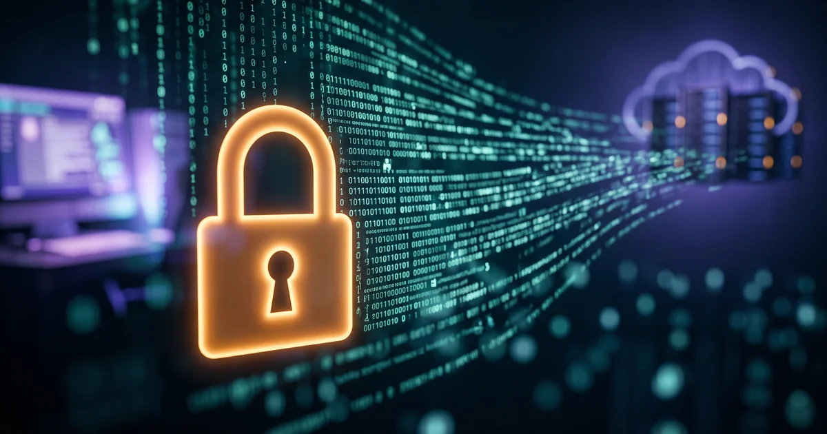 Large glowing padlock icon superimposed over a matrix of encrypted data streams flowing from a medical/EHR system silhouette to a distant secure cloud silhouette