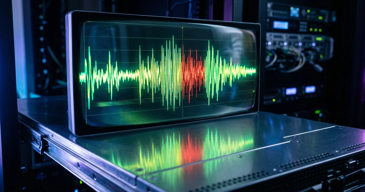 Cybersecurity analyst examining audio waveforms and code in a dark security operations center with purple ambient lighting