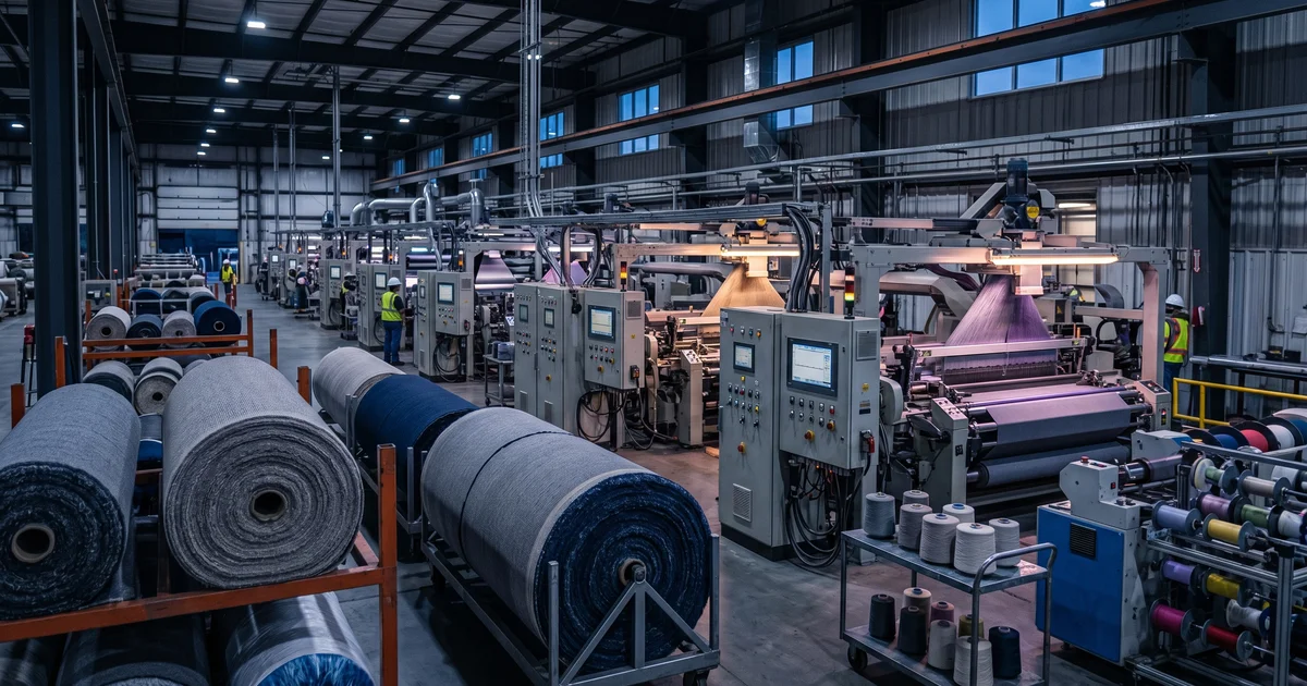Wide industrial shot of a North Georgia flooring manufacturing line at dusk with carpet rolls in foreground, production machinery in midground, and a cybersecurity overlay grid of glowing connection lines across the scene