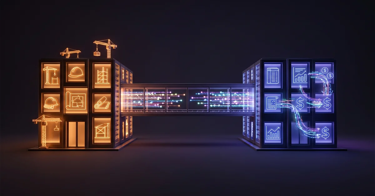 Two glowing data centers connected by a bidirectional data-flow bridge — one labeled with Procore-style construction icons (cranes, hard hats, blueprints) and the other with ERP-style financial icons (ledgers, charts, transaction streams)