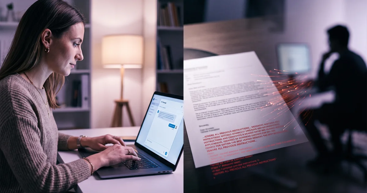 Split composition showing a legitimate AI chat interaction on the left and a covert indirect prompt injection attack path on the right, with hidden malicious instructions in a document and data streams flowing out of the AI system to an attacker silhouette in shadow