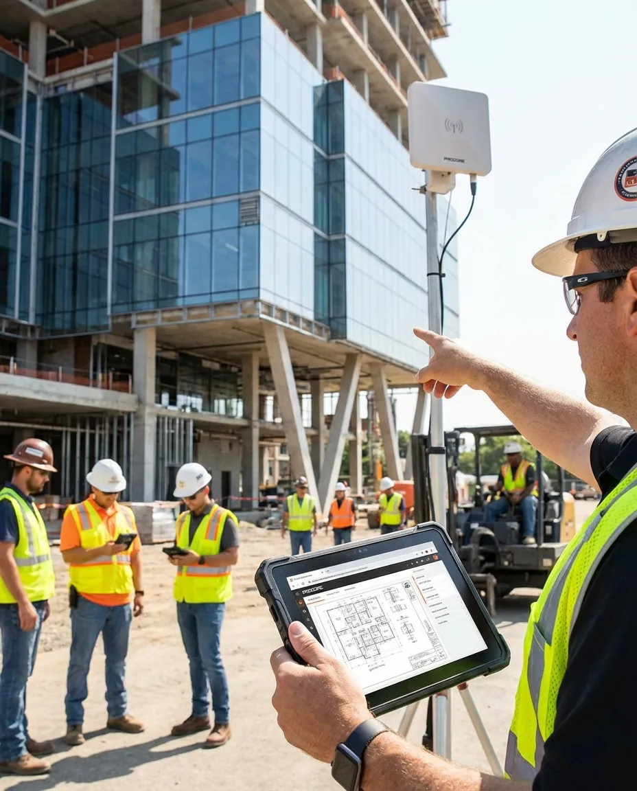 Active construction site with modern technology integration including tablets, wireless connectivity equipment, and Procore project management in use