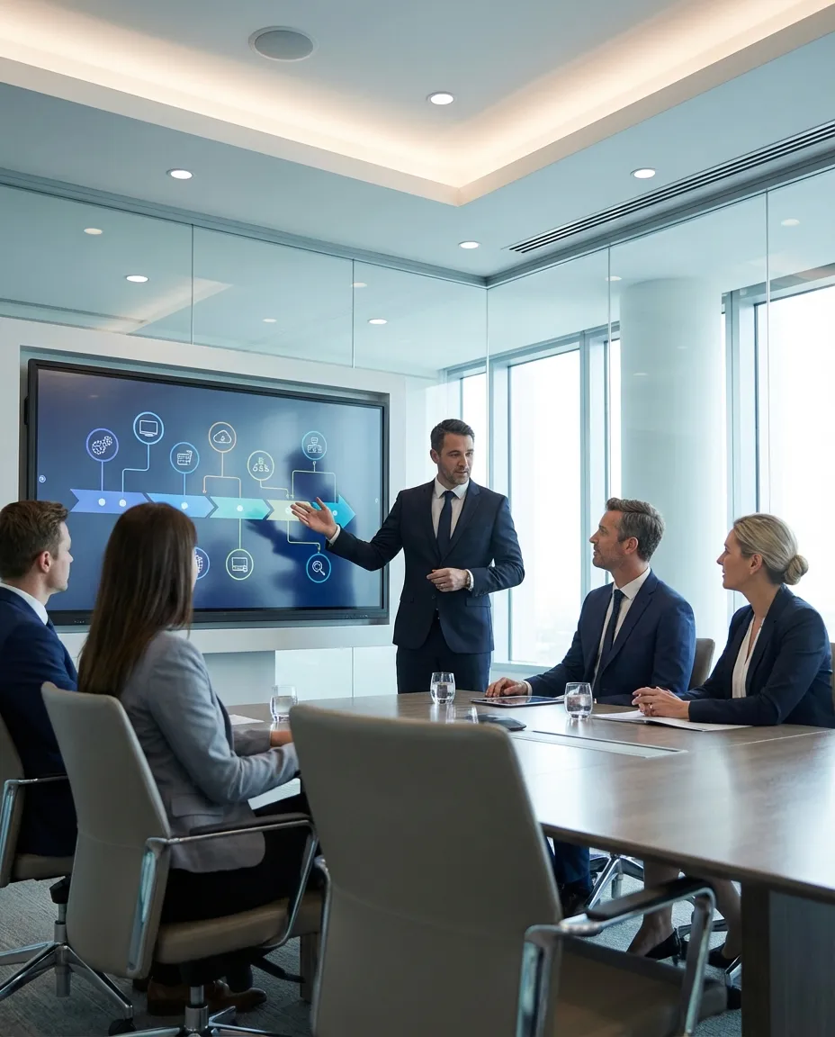 IT consultant presenting strategic technology roadmap to executive stakeholders in a sleek boardroom with interactive digital display