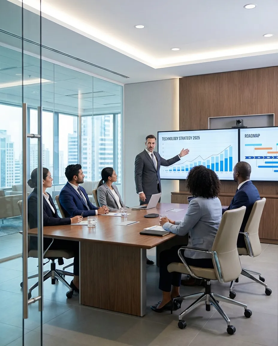 Virtual CIO presenting technology strategy and roadmap to executive team in modern conference room with digital displays