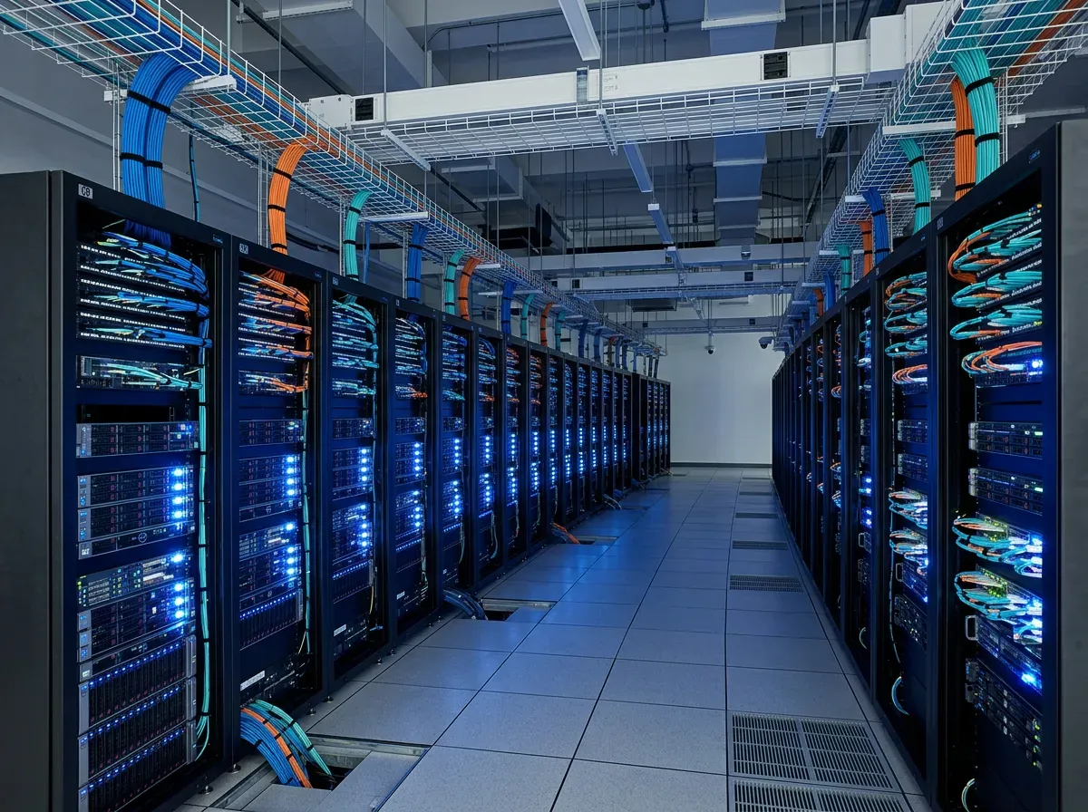 Modern data center with rows of illuminated server racks and fiber optic cabling, representing secure and scalable cloud infrastructure.