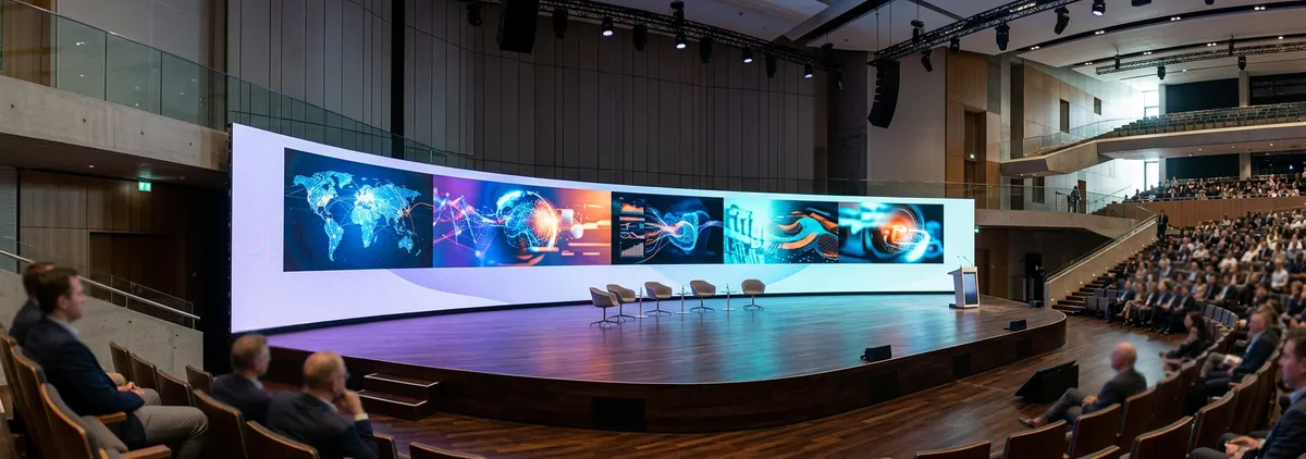 Panoramic view of a massive curved LED display wall spanning an entire conference stage, displaying dynamic brand content with vivid color and seamless panel integration