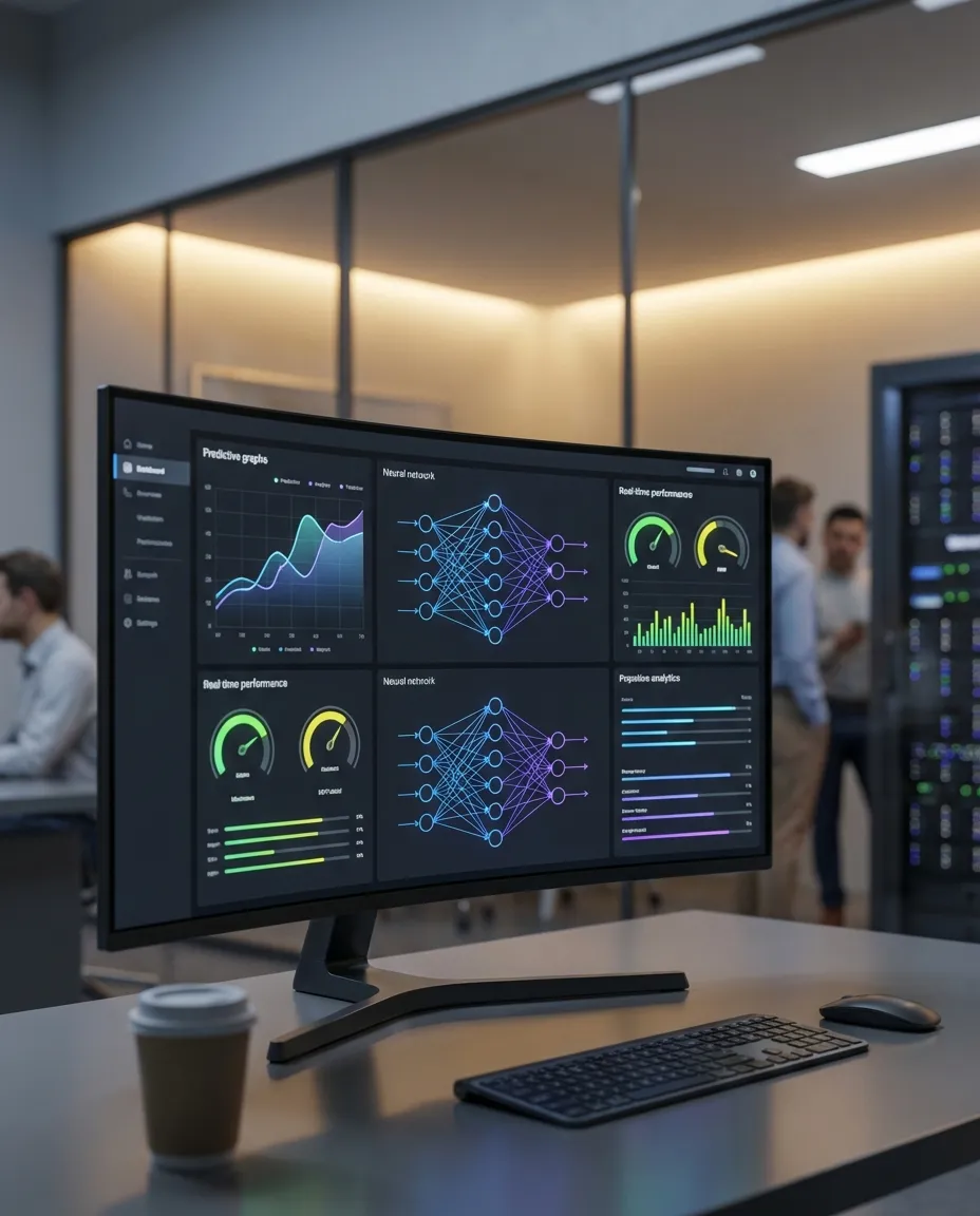 Enterprise AI analytics dashboard displaying predictive models, neural network visualizations, and real-time performance metrics on dark-themed interface