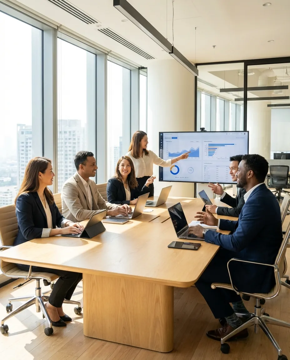 BASG leadership team collaborating in a modern, sunlit office environment, conveying professionalism, teamwork, and technological expertise