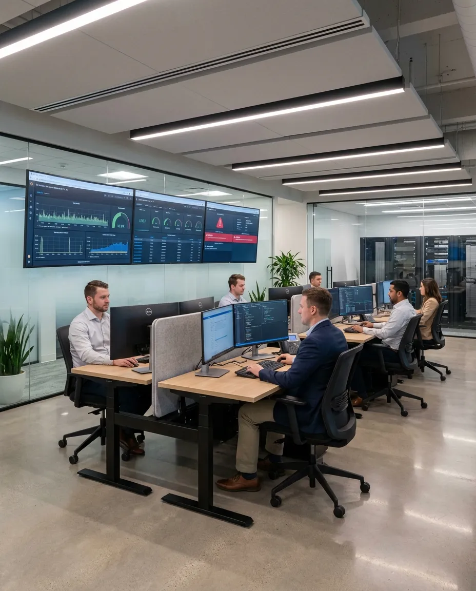 BASG operations center with engineers monitoring client infrastructure, security dashboards, and support queues in a modern technology environment