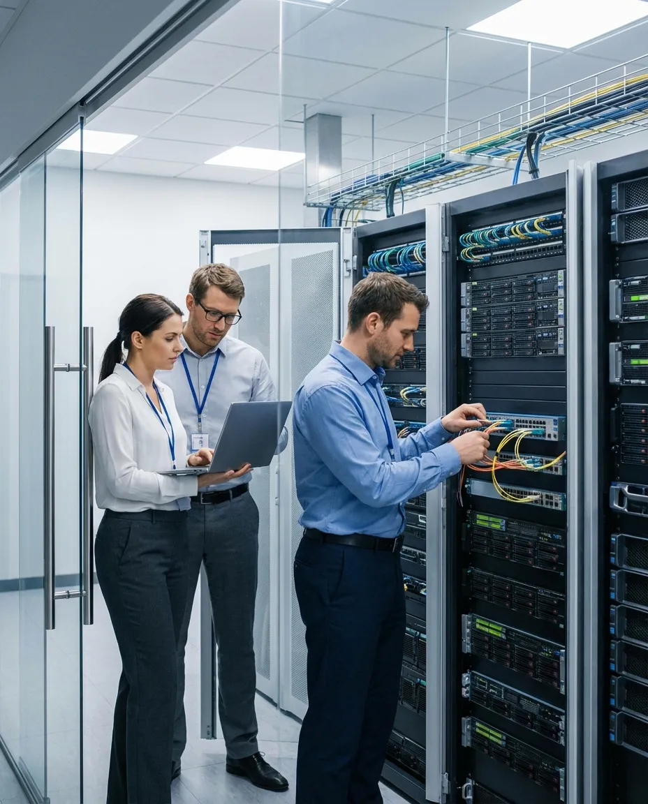 BASG engineers working on enterprise IT infrastructure, configuring servers and networking equipment in a professional environment