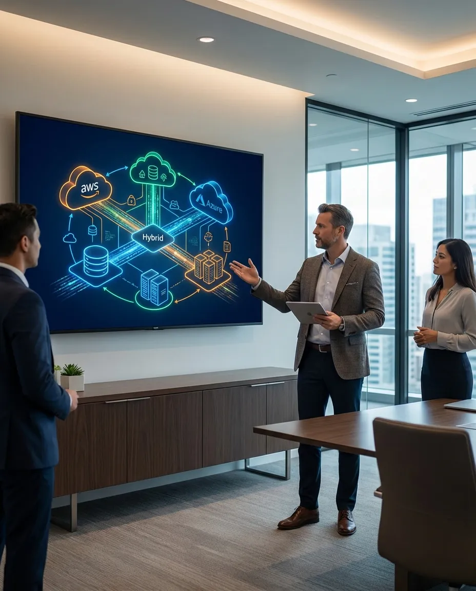 Cloud architecture visualization showing multi-cloud infrastructure design with AWS, Azure, and hybrid connectivity pathways